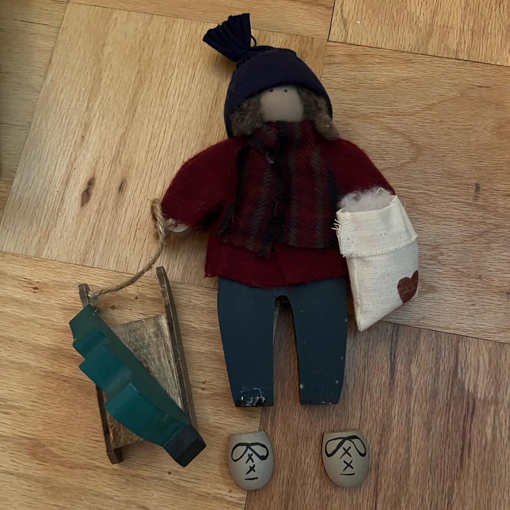 Lizzie High Handmade Wooden Doll Jeremy Boy w/Sled & Christmas Tree BROKEN FEET